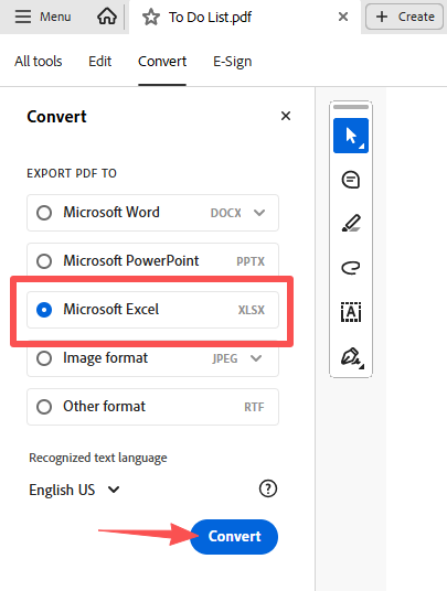點選 Excel 並按下轉換