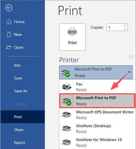 選擇「microsoft print to pdf」