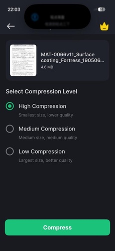 壓縮模式選擇介面，可供三種壓縮級別選擇