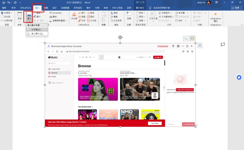 使用 word 的「插入」>「圖片」功能
