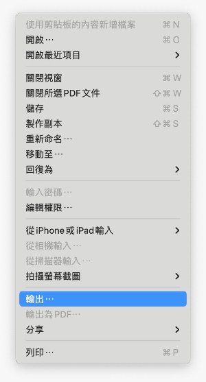 在檔案選項中，按輸出