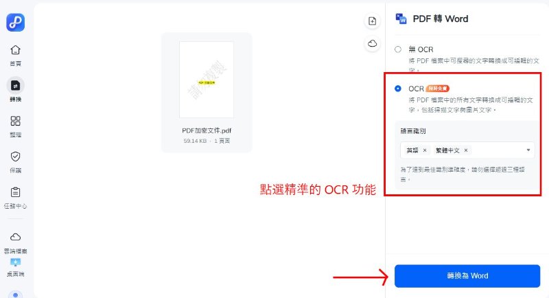 在轉換前，選擇 OCR 功能